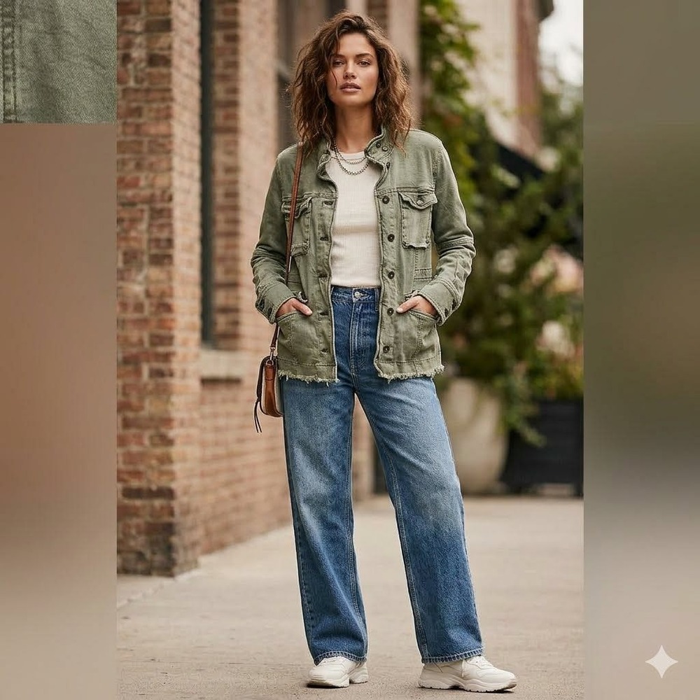 Free People Army Green Utility Jacket Distressed Raw Hem Women  XS